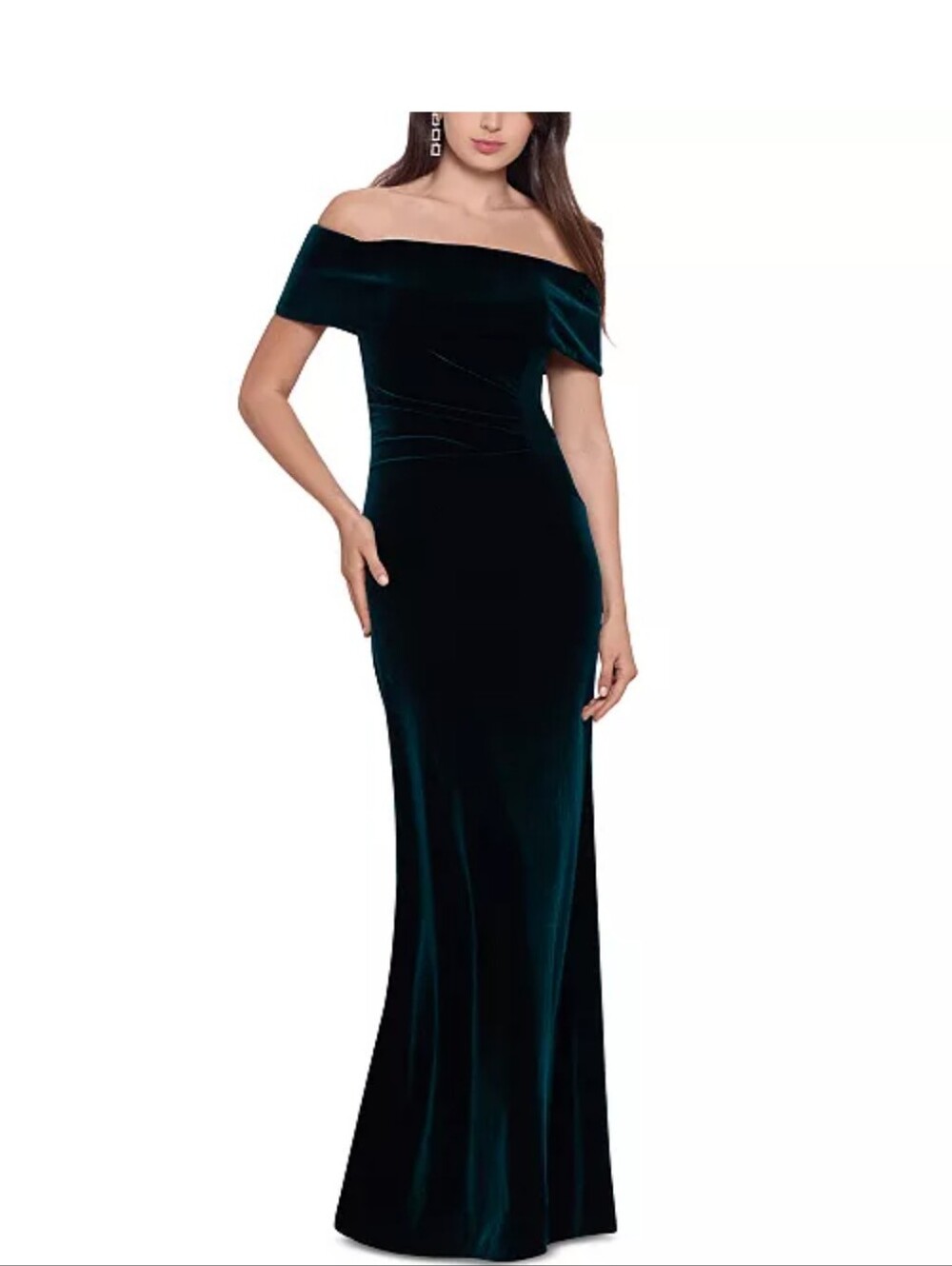Xscape Green Velvet Off-Shoulder Maxi Dress